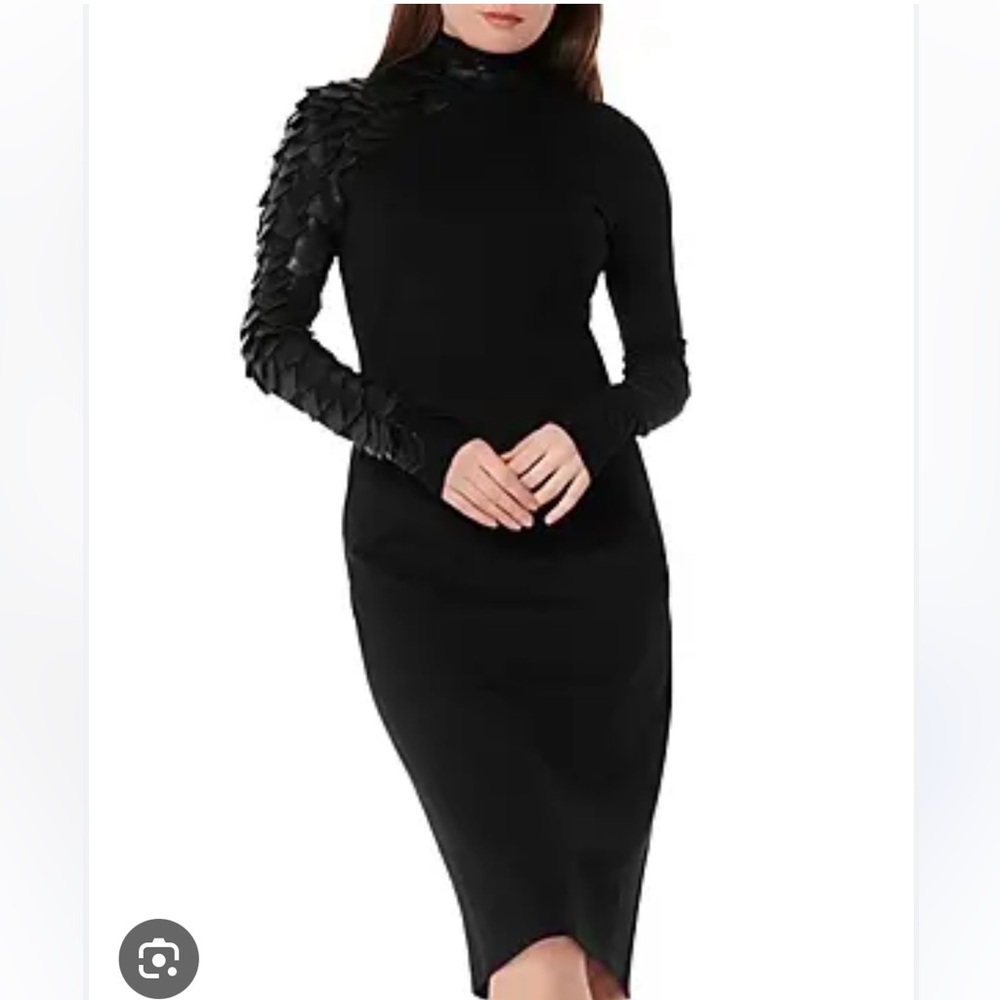 Black Long-Sleeve Bodycon Dress Dragon Style-faux leather neck/sleeve NEW Sz M